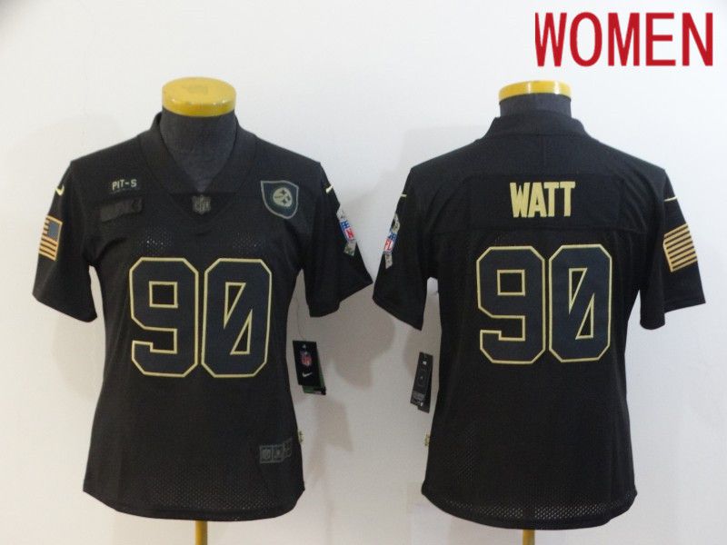 Women Pittsburgh Steelers #90 Watt Black Retro Gold Lettering 2020 Nike NFL Jersey